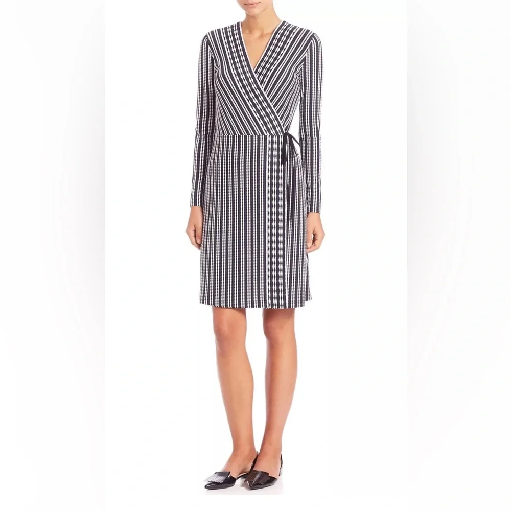 Tory Burch Jacquard Wrap Dress XS Navy Black White Stripe Long Sleeve